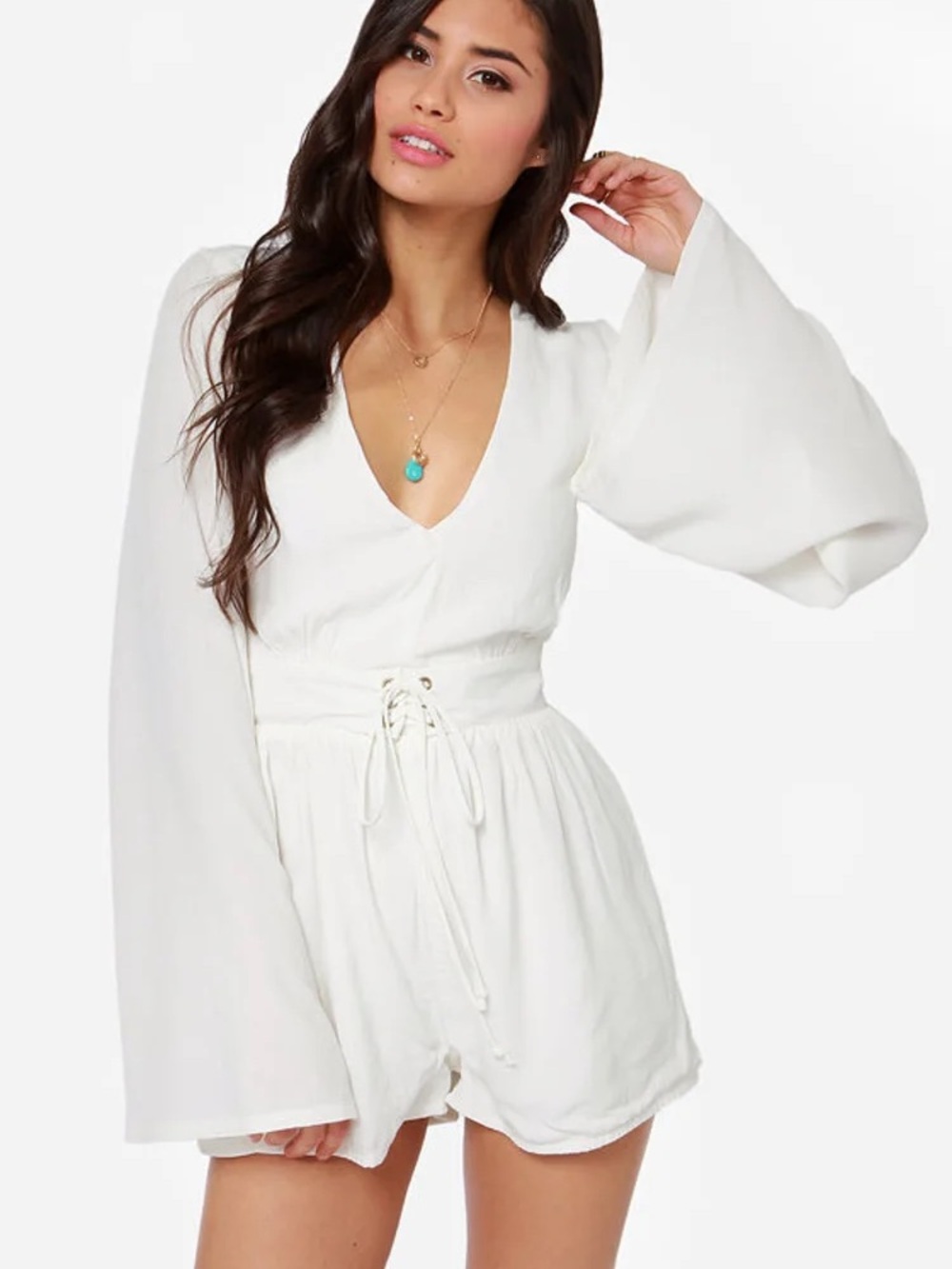 MINKPINK White V-Neck Lace-Up Waist Romper with Bell Sleeves
